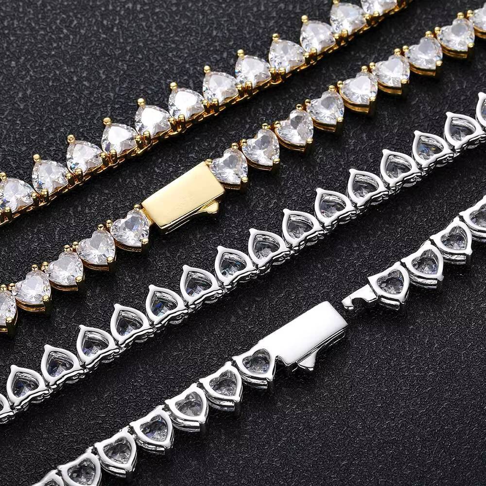 NUOYA New Style Hiphop Jewelry 18K Gold Plated Iced Out Tennis Chain Heart Shape Moissanite Tennis Chain Necklace for Women
