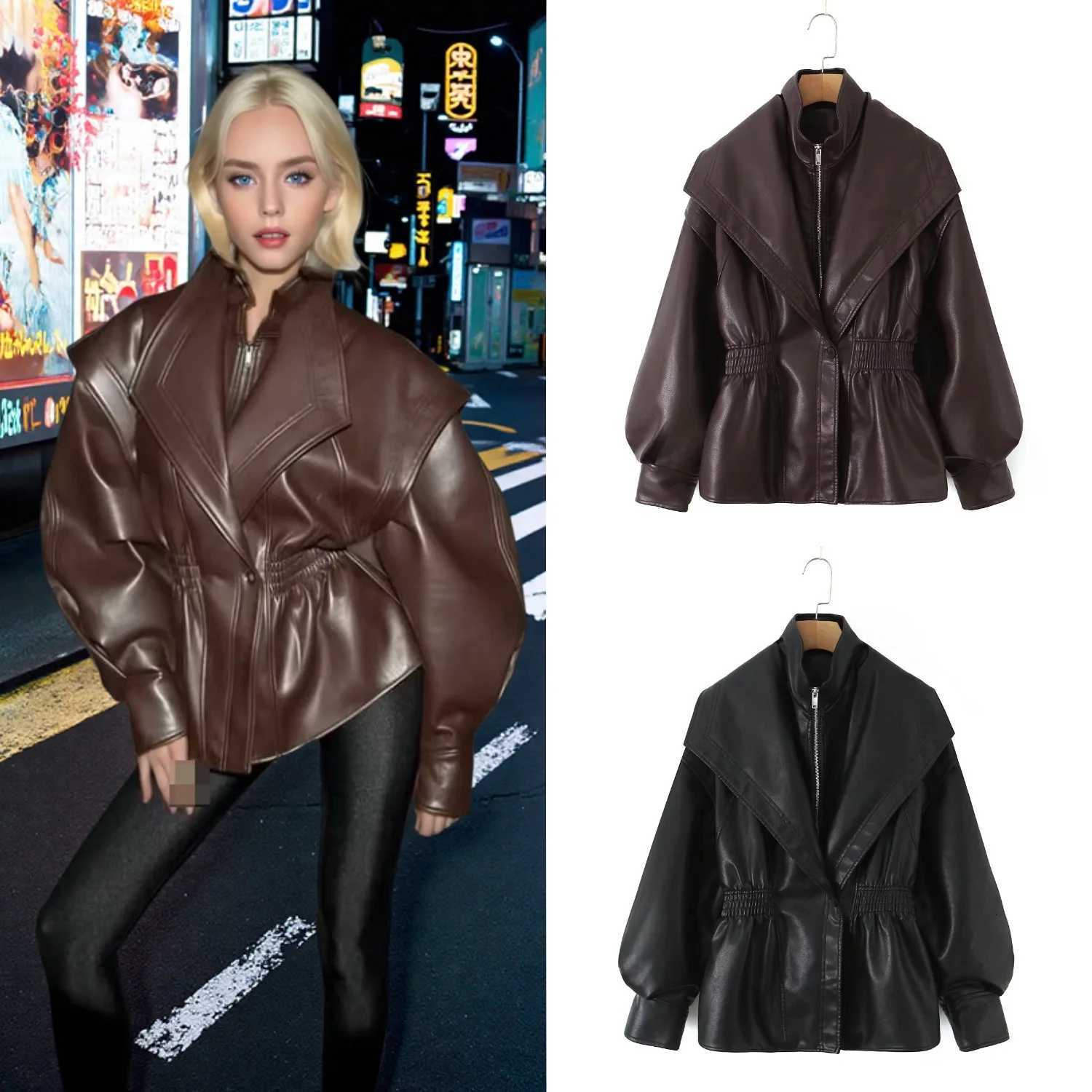 Lady New Autumn High Street Jacket Outwear Brown Zipper Pu Leather Jacket Women Casual Lapel Vneck Elastic Waist Cinching Coat Z250918