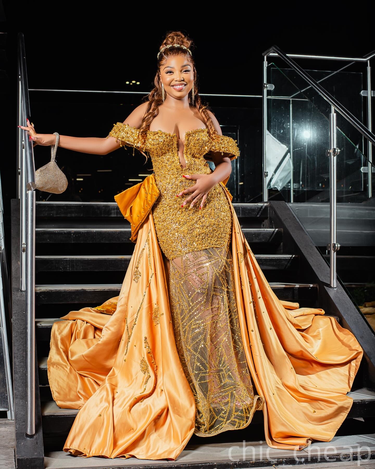 Mermaid Gold Prom Dresses 2025 Beaded Pearls Detachable Train Evening Formal Party Second Birthday Engagement Gowns Plus Size Dress For Special Occasi