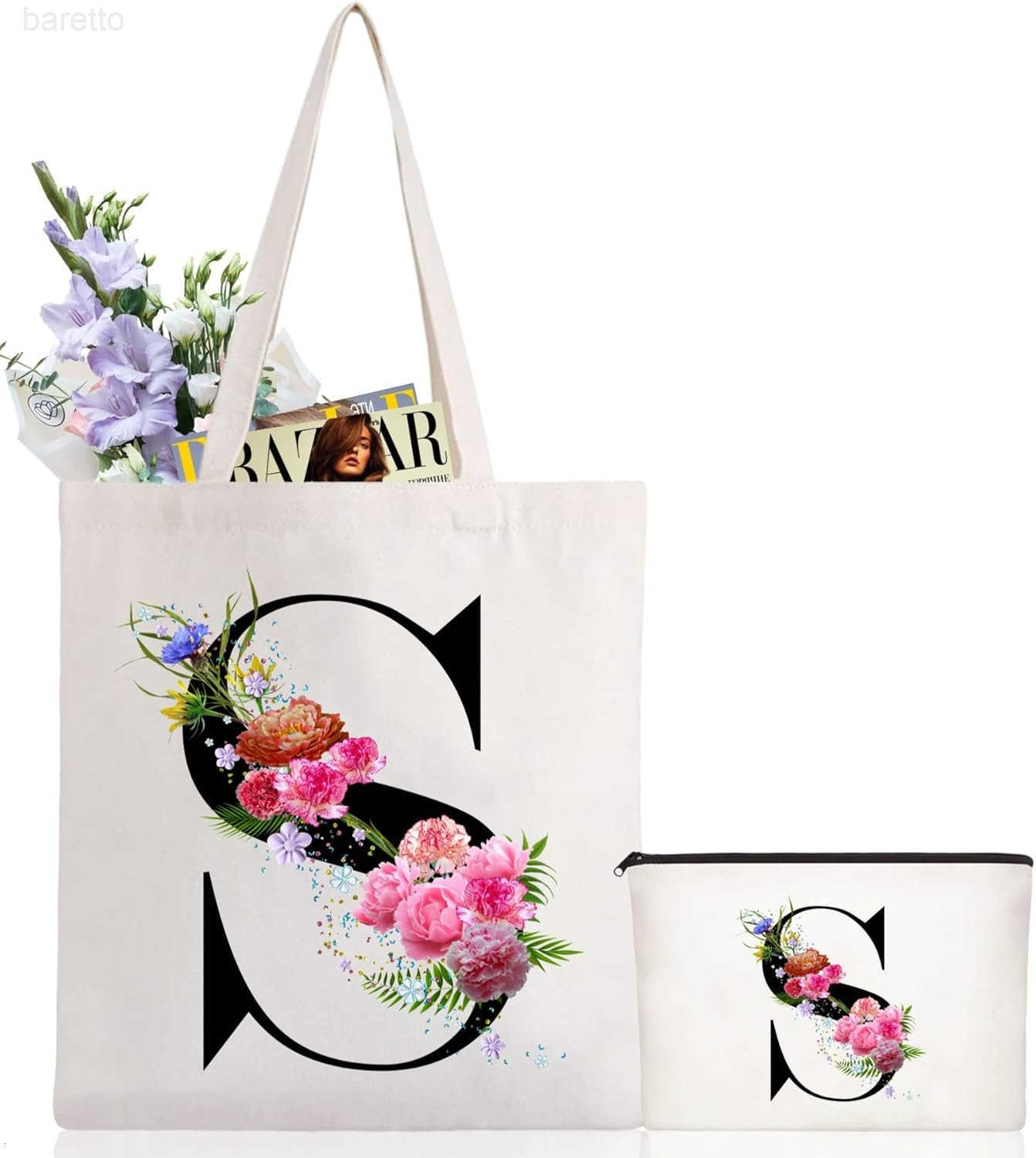 Andeiltech Initial Canvas Tote Bag Floral Letter Personalized Makeup Bag Monogrammed Gift for Bridesmaids Birthday Wedding Z2509019