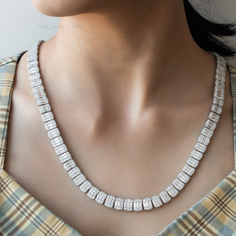 Hot Sale VVS Moissanite Jewelry Baguette Cut 925 Fine Silver 9mm Diamond Tennis Necklace for Men and Women