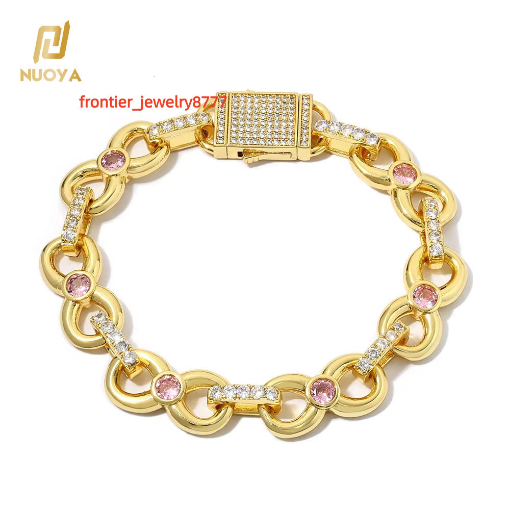 NUOYA Womens Hip Hop Diamond Bracelet Gold Plated Pink Moissanite Infinity Link Chain Elastic Clasp Chain Bracelet Jewelry for Gift