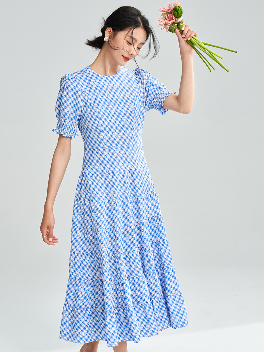 L17565 Summer new blue and white plaid temperament waist dress female design short sleeve dress