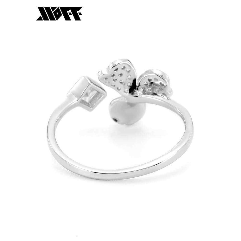 XXOFF Silver Inlaid with Diamonds Heart Lucky Clover Niche High-end Design Adjustable Women's Ring Gift