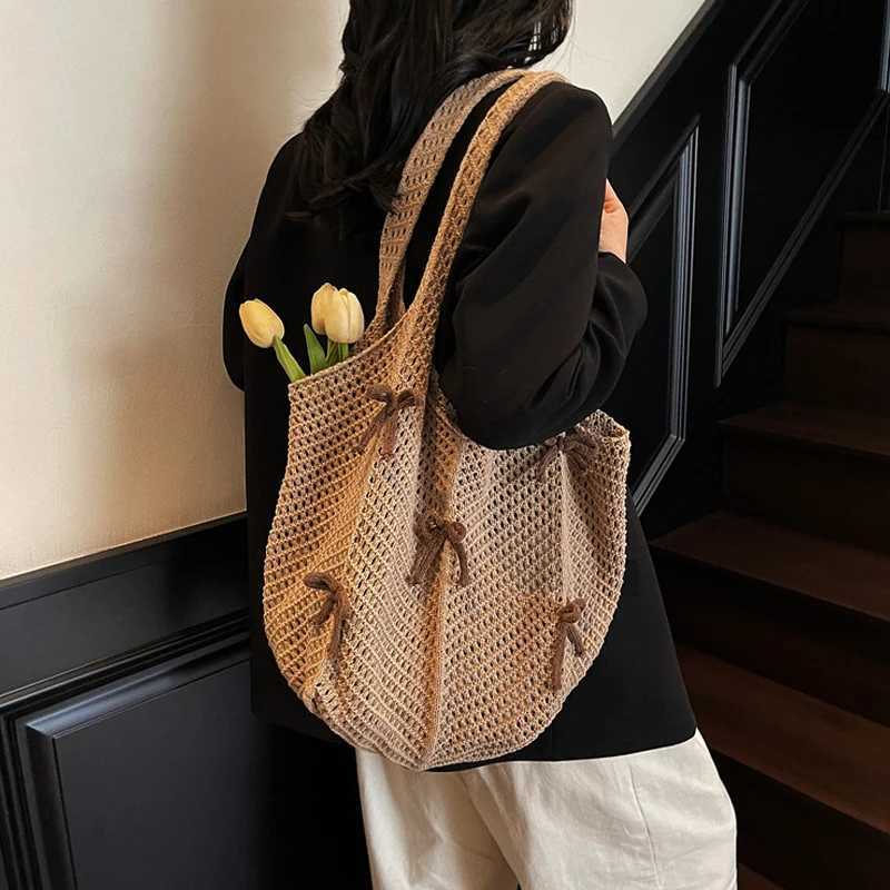 Women Bow Crochet Tote Solid Color Multifunctional Knitted Bag Cute Aesthetic Handbag Girls Hobo Bag for Holiday Travel Z250915