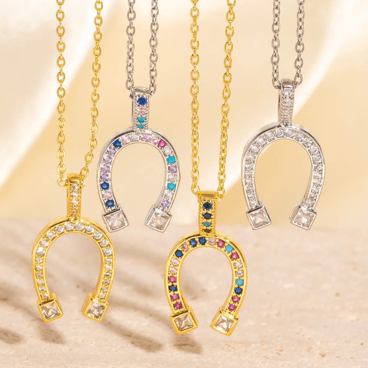 Gold - Toned Horseshoe Pendant Necklace With Rainbow Gemstones And Sparkly Accents Delicate Daily & Charming Jewelry Gift For Her Premium & Fashionabl