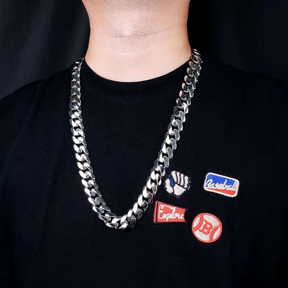 Custom Heavy Metal Style 925 Sterling Silver Hiphop Jewelry Rhodium Plated 18mm Plain Cuban Link Chain Necklace for Rapper