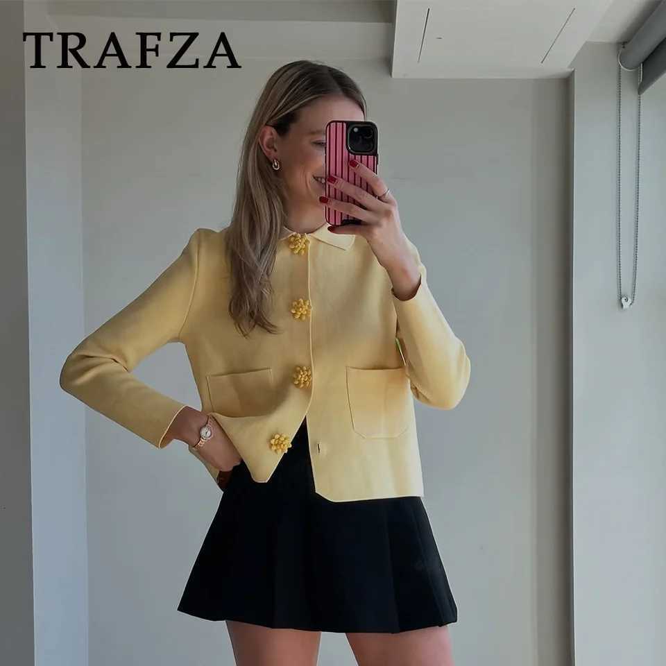 TRAFZA 2025 Fall Winter Butter Yellow Knitted Women Jackets Fashion Streetwear Turndown Collar Solid Button Straight Lady Coats Z250918
