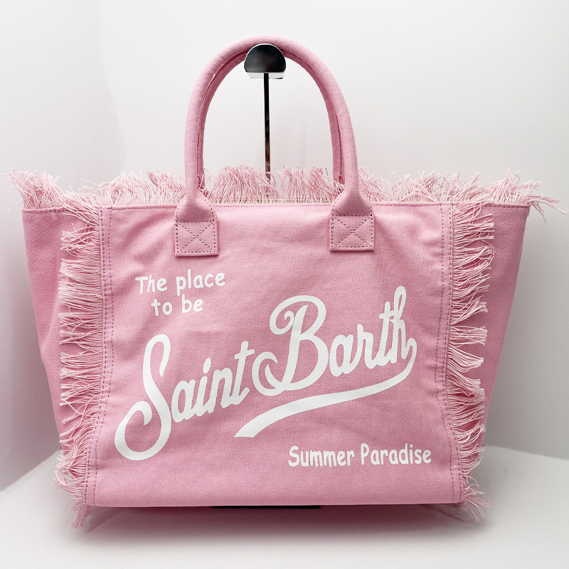 Saint Barth European And American New Women's Large Capacity Casual Beach Canvas Striped Tassel Handheld Tote Bag