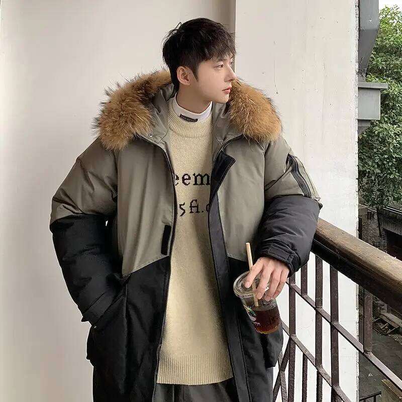 Thickened tide letter-printed combination hat couples in long loose down jacket men and women