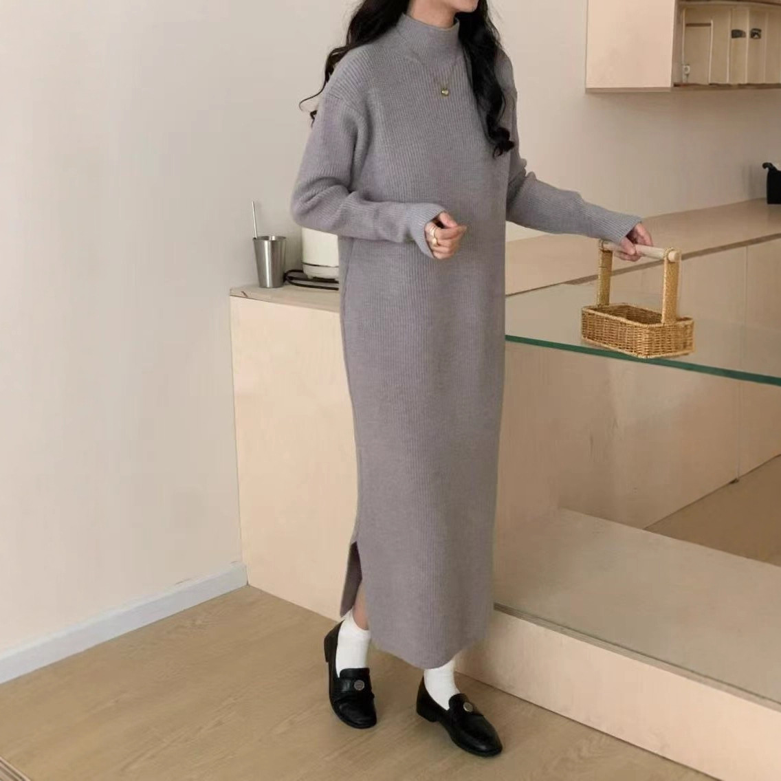 TB178 Thickened Knitted Sweater Dress with Side Slits and Long Sleeves