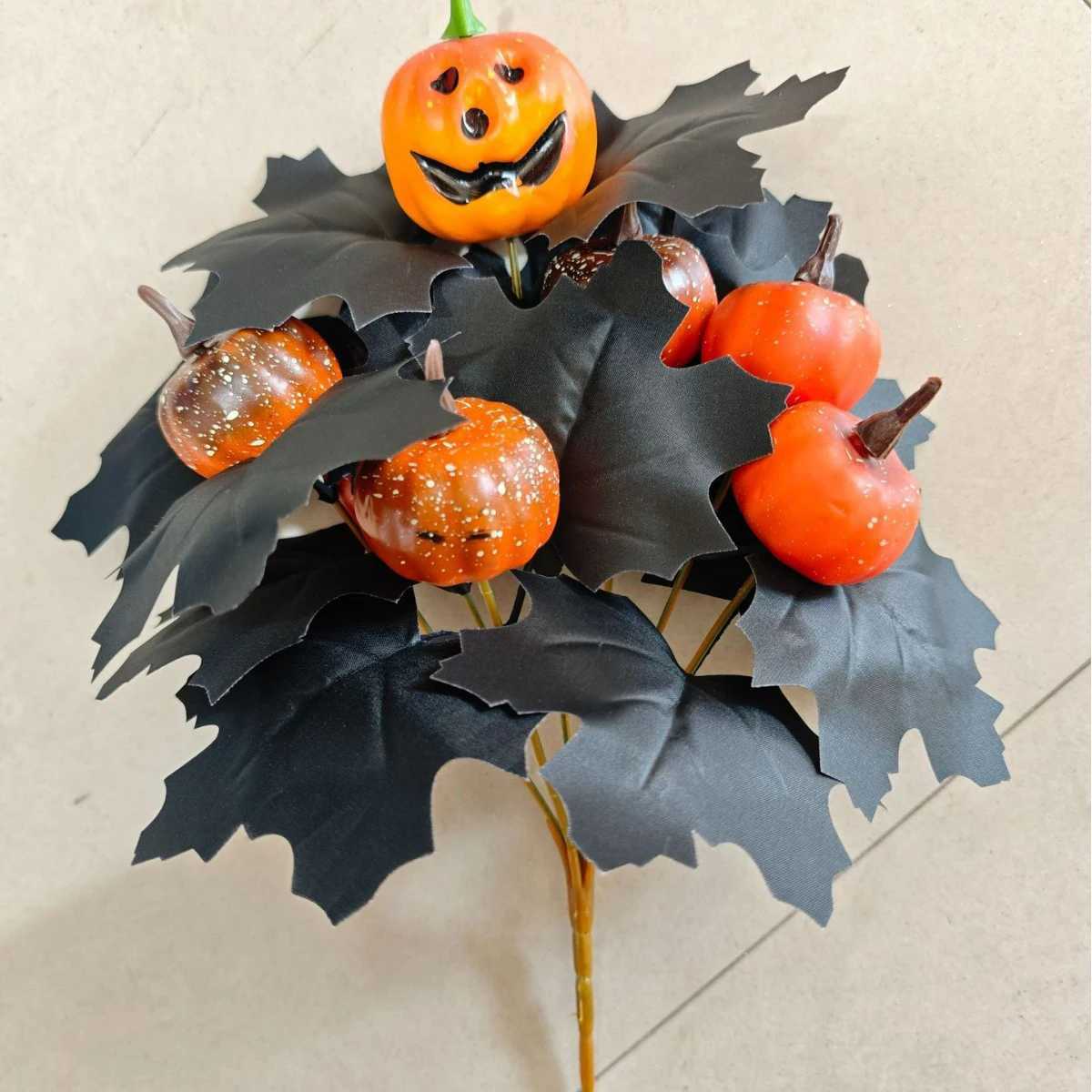 Witchy Halloween Floral Bouquet Pumpkin Maple Leaf Fake Flowers Arrangement for Gothic Home Desk Decor C250919