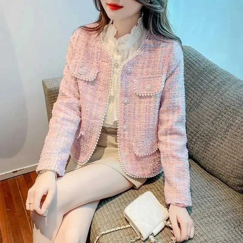 Womens Coarse Tweed Bead Jacket Office Lady Surcoat New Fashion Versatile Small Casual Top Elegant Little Fragrant Coat Z250918