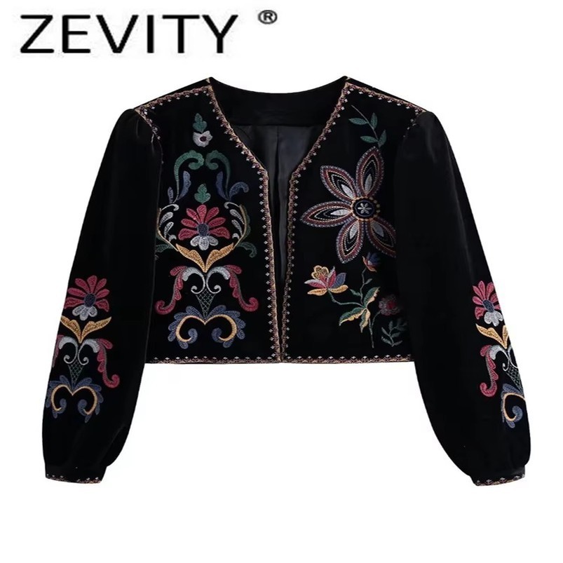 Zevity Women Vintage Flower y National Style Short Coat Ladies Retro Open Stitching Casual Velvet Jacket Tops CT100 250923