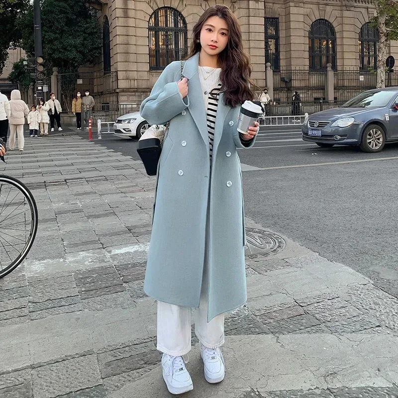 100 Wool Coat Womens Wear 2024 AutumnWinter Fashion Temperament Double sided Cashmere Coats with Belt Elegant Long Overcoat y250919