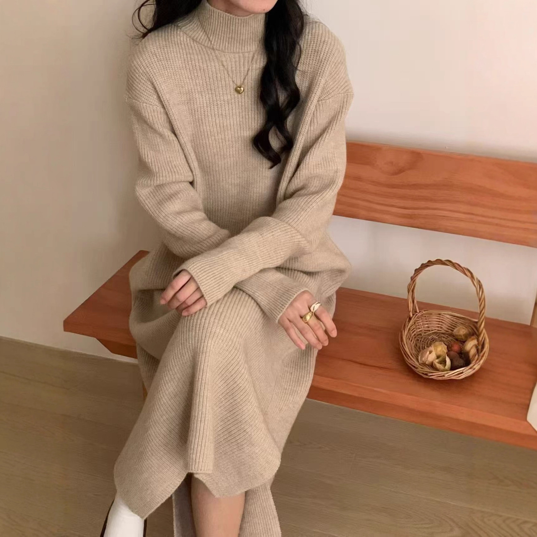 TB178 Thickened Knitted Sweater Dress with Side Slits and Long Sleeves