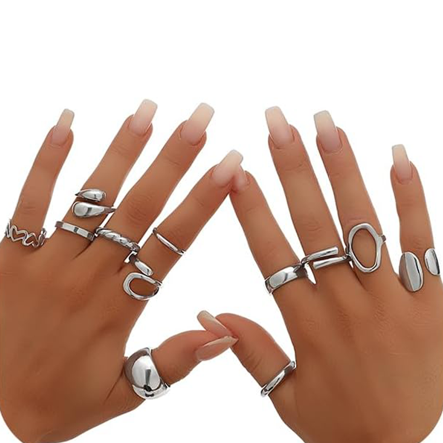 12Pcs Silver Chunky Rings Stackable Open Knuckle Ring Set Hollow Heart Twist Croissant Dome Band Statement Finger Rings for Women Silver Tone Adjustab