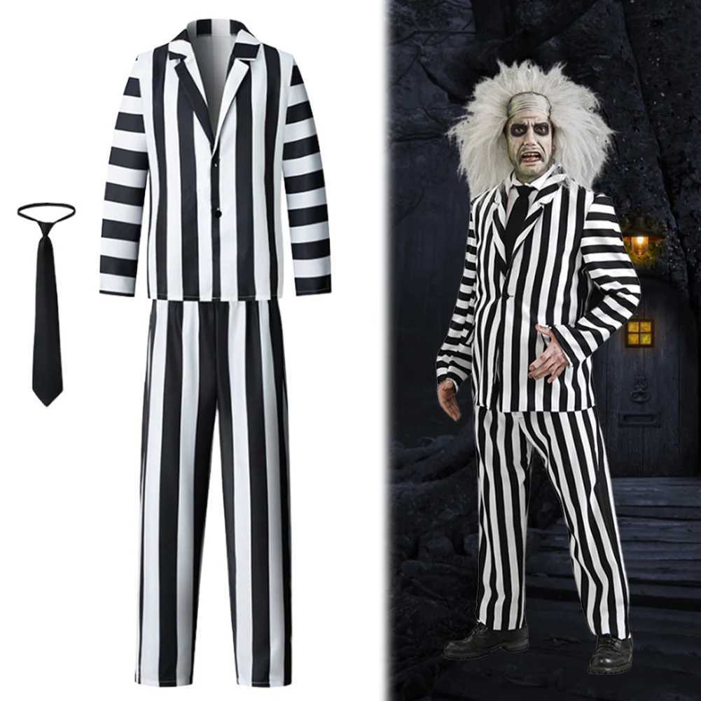 Beetle Juicee Men Black and White Striped Suit 2024 Scary Halloween Cosplay Costumes Wig Tie Shirt Classic Striped Two Piece Set L250918