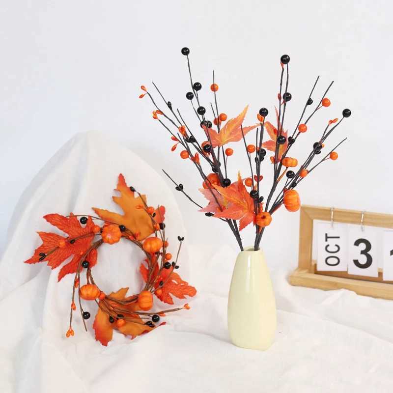 Artificial Maple Leaf Branches Pumpkin Berry Harvest Autumn Ornament Halloween Decor Home Thanksgiving Glossy Berry Twigs Decor C250919