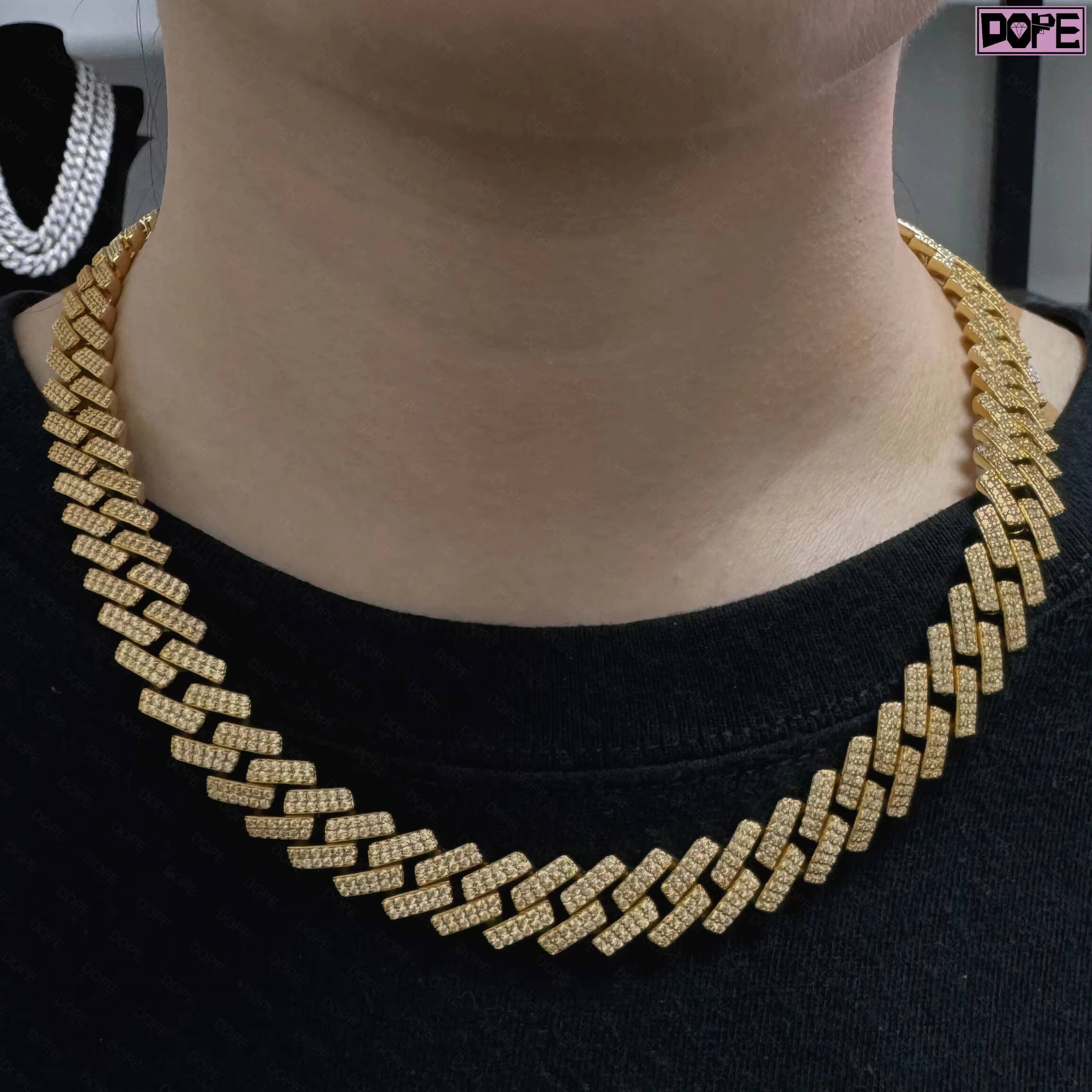 Hiphop 16mm Moissanite Chain Iced Out Necklace 925 Silver 18k Gold Plated 2 Rows Moissanite Cuban Link Chain