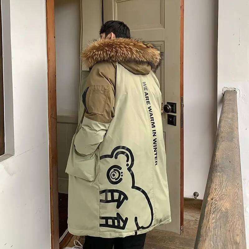 Thickened tide letter-printed combination hat couples in long loose down jacket men and women