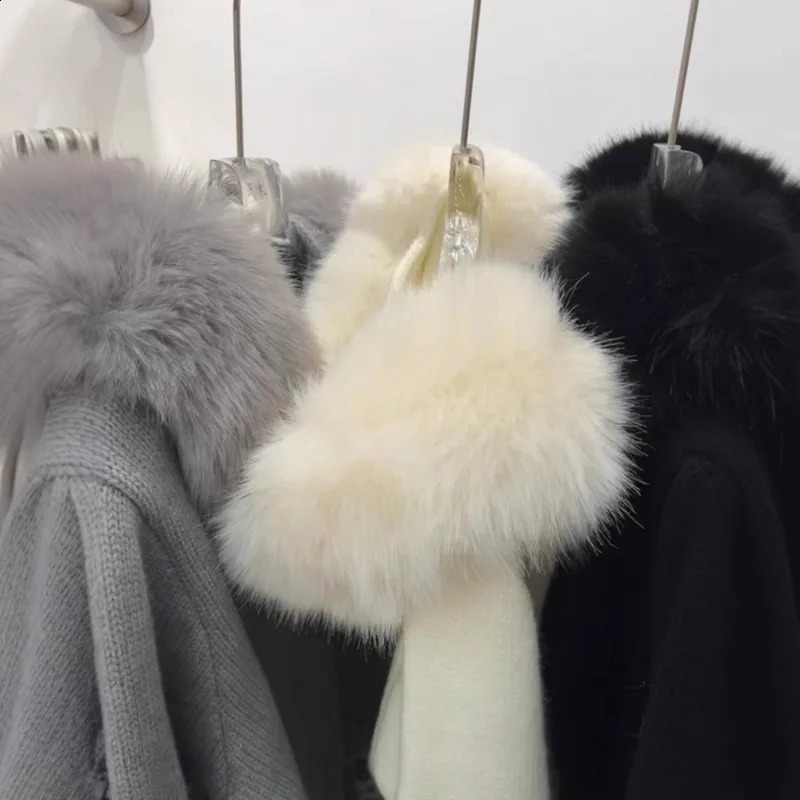 Double Zipper Vintage Cardigan Women Fur Collar Spliced Chic Sweater Hooded Casual Long Sleeve Knit Coat Thick Outerwear 250919