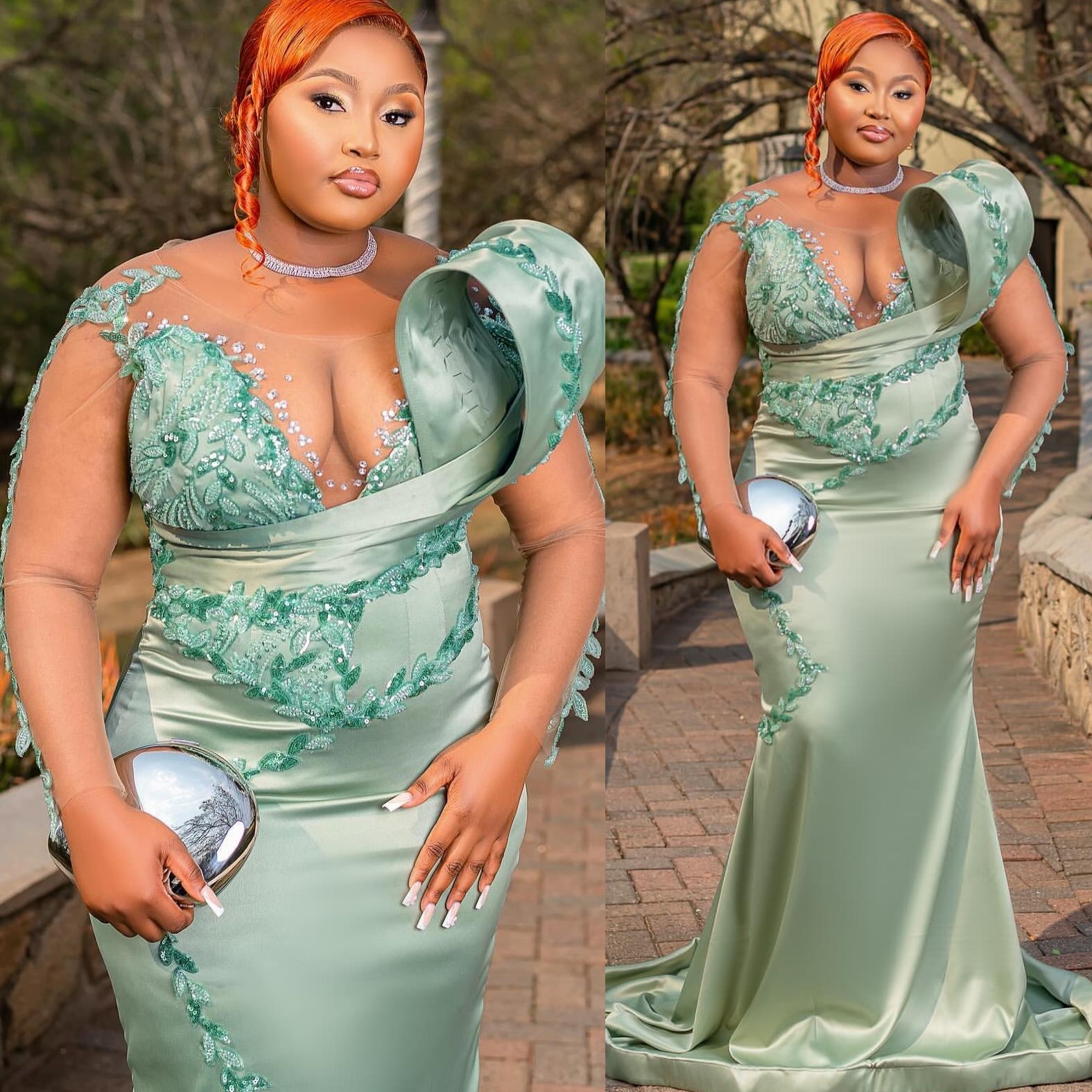 Mermaid Sage Prom Dresses 2025 Lace Crystals Satin Sheer Neck Vintage Evening Formal Party Second Birthday Engagement Gowns Plus Size Dress For Specia