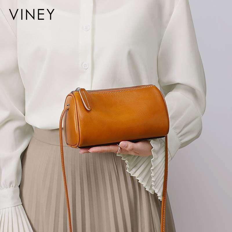 VINEY Ladies 2025 New Messenger Genuine Leather Pillow Cylindrical Women's Fashion Shoulder Bag