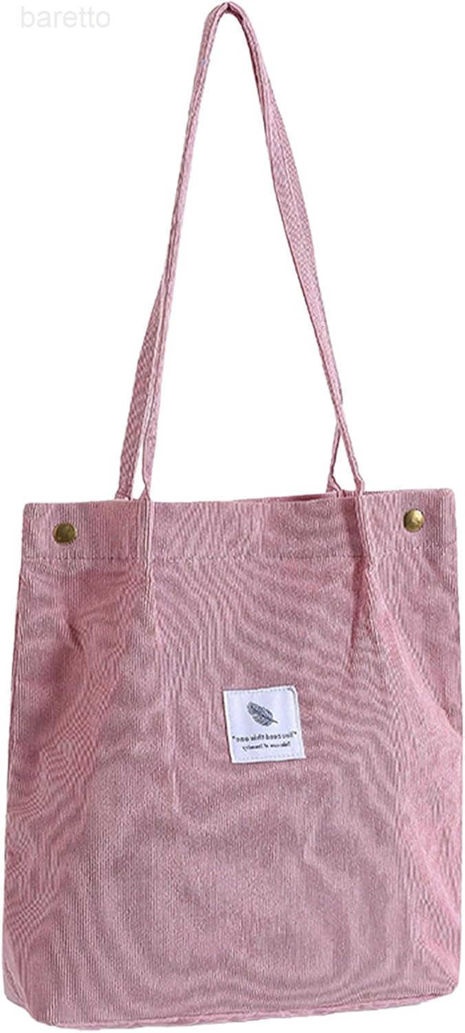 Corduroy Tote Bags for Women Sturdy Shoulder Reusable Grocery Bag with Inner Pockets and Magnetic Button Z2509019