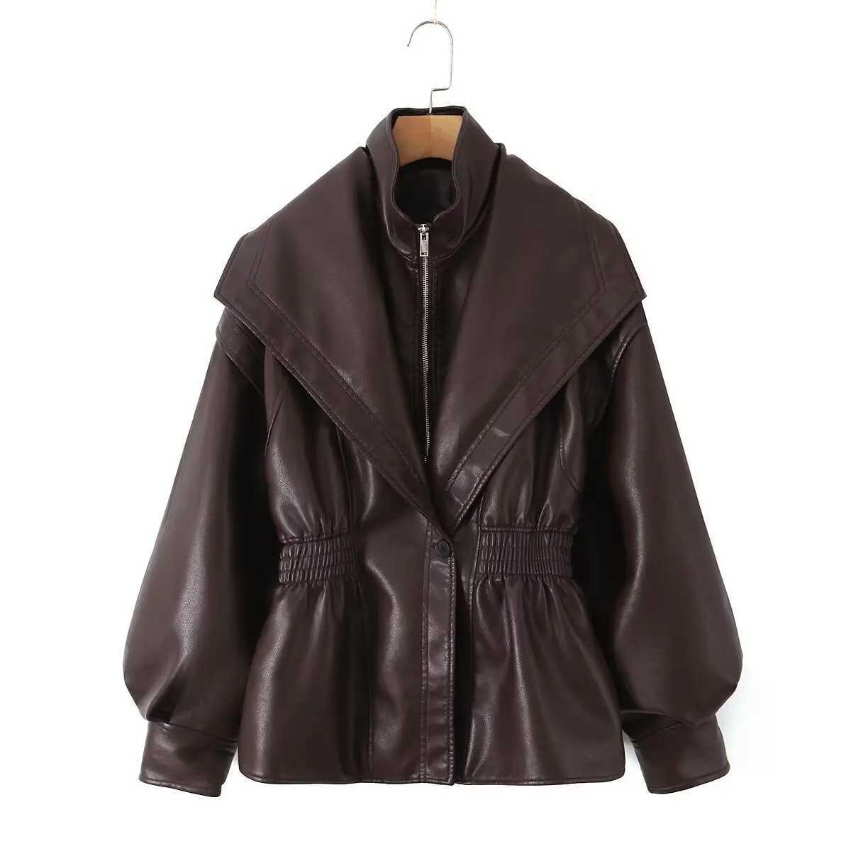 Lady New Autumn High Street Jacket Outwear Brown Zipper Pu Leather Jacket Women Casual Lapel Vneck Elastic Waist Cinching Coat Z250918