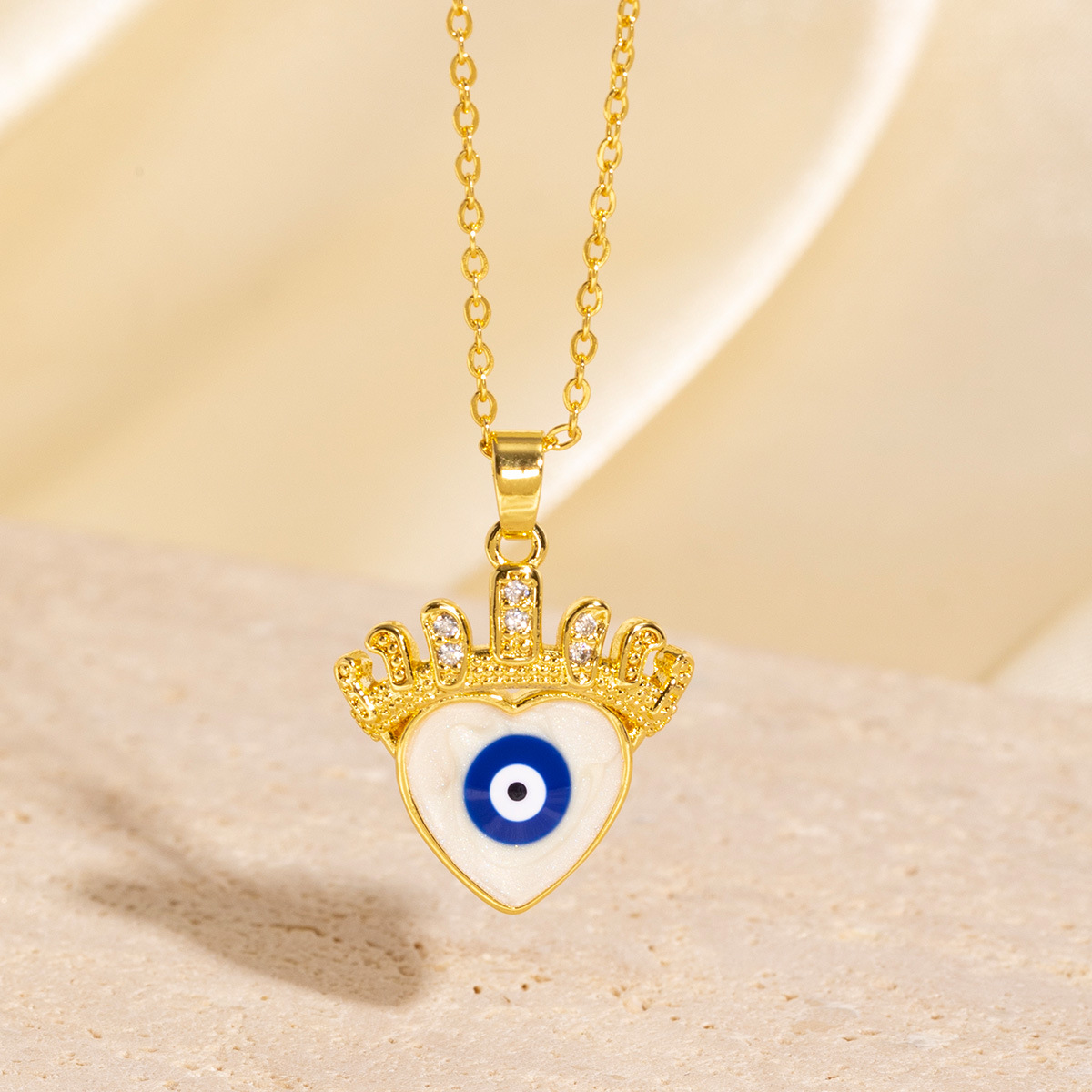 Gold - Toned Heart - Shaped Evil Eye Pendant Necklace With Rhinestone Trim And White Enamel Delicate Daily & Lovely Jewelry Gift For Her Fashionable A