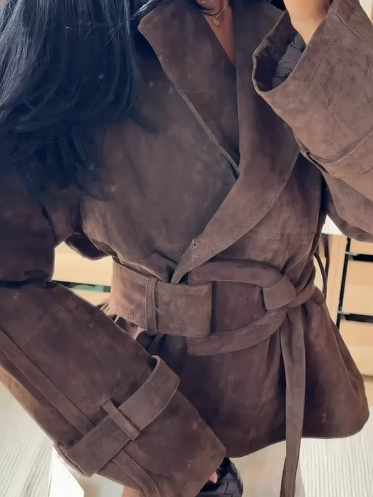 Women Brown Suede Cropped Trench Coat Jacket Belted Notched Lapel Laceup Retro Chic Outerwear Autumn Winter High Street Outfit 250919