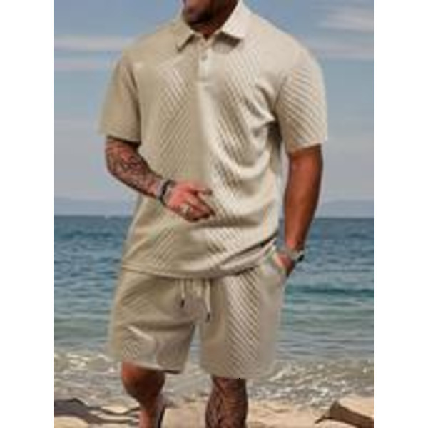 Solid Jacquard Short Sleeve Tee Shorts Set, Loose Casual Round Neck T-shirt & Shorts, Men's Summer Clothes for Beach Vacation