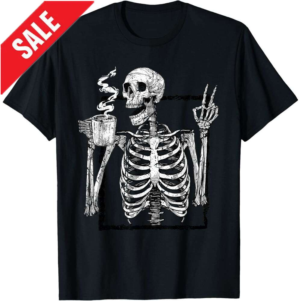 T shirt Mens Skeleton Drinking Coffee Gothic Peace Sign Halloween Grunge T-Shirt shirts tshirt graphic tee Casual tops summer clothes Short sleeve 202