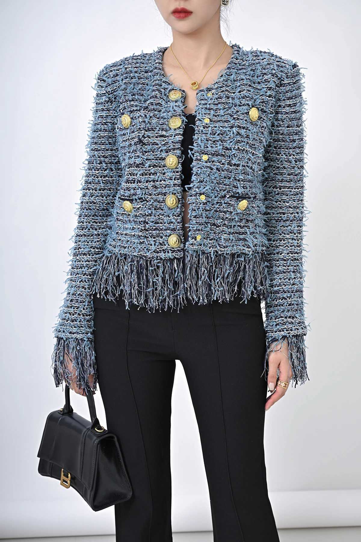 HighEnd Version Parisian Luxury Handmade Tassel Tweed Gold Button round Ne ort Top for Ladies Ele Open Cardigan Coat Z250918