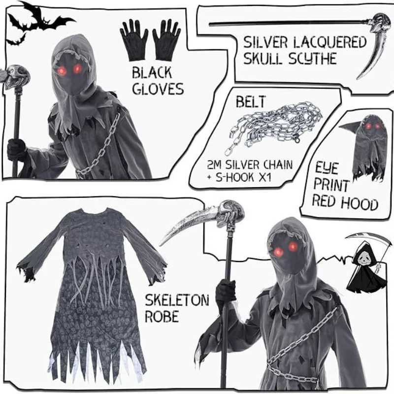 New Halloween Children Reaper Cosplay Costume Mystery Horror Cos Sickle Dress Up Kids Role Play Suit L250918