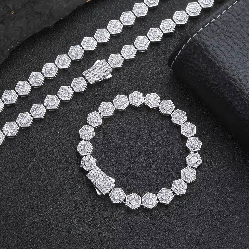 NUOYA Iced Out Bling Moissanite Geometric Charm Bracelet 85MM Hexagonal Design Link Chain Bracelet Jewelry for Women