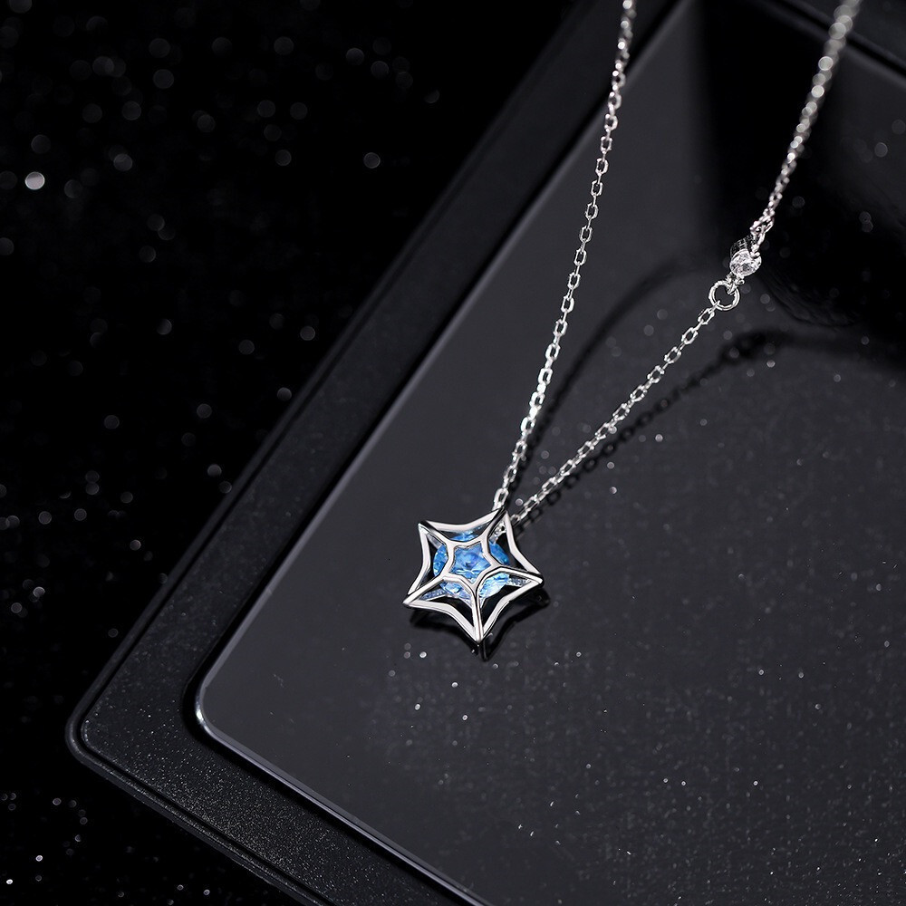 Beixi Jewelry Pure Sier Five-Pointed Star Hollow Inlaid Dia Necklace for Women, Niche Design Sense, Simple Forest Style Collarbone Chain