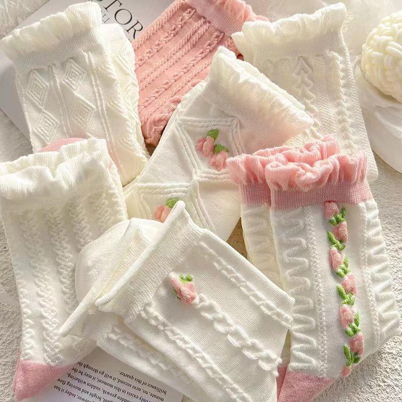 White Lace JK Socks for Women, Mid-Calf, Ins Trend, Pink Mist Color, Girl's Socks, Spring and Summer Thin Style, High Appearance