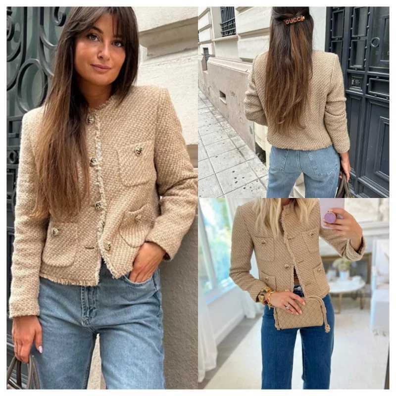 Womens Classic Tweed Jacket Coat Long Sleeve Front Button Outerwear Autumn Winter Tailored Chic Blazer Z250918
