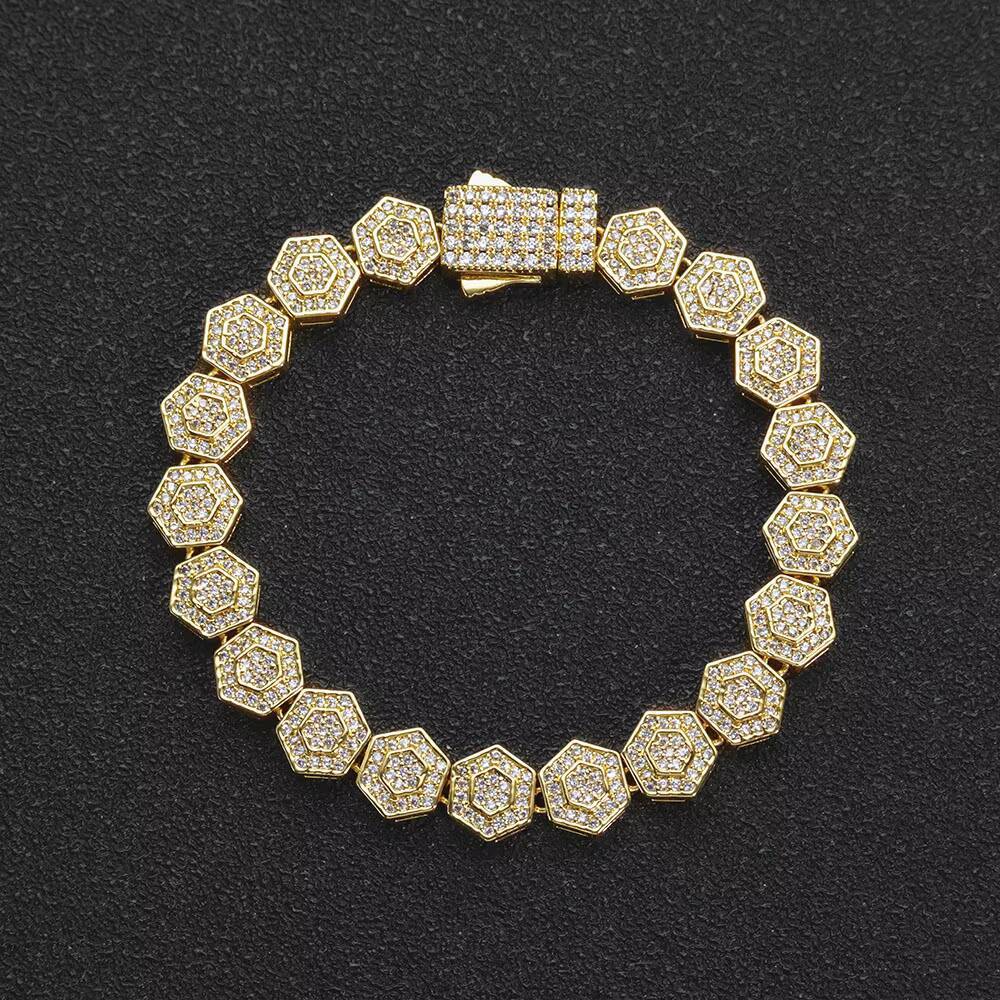 NUOYA Iced Out Bling Moissanite Geometric Charm Bracelet 85MM Hexagonal Design Link Chain Bracelet Jewelry for Women