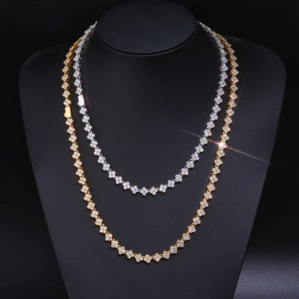 NUOYA Luxury Silver Plated Necklace for Women Four Leaf Clover Plum Blossom Design Iced Out Moissanite Hip Hop Jewelry