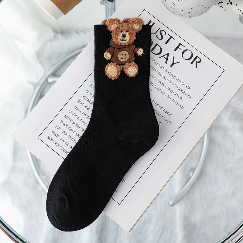 Feather Yarn 3D Bear Flower Autumn Winter New Combed Cotton Cartoon Mid-Calf Trendy Socks