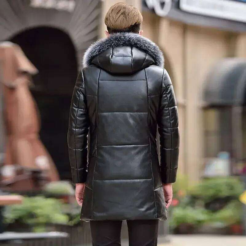 Puffer Men High Quality Winter Leather Down Jacket Man Sier Fox Fur Collar Korean Medium Long Slim Fit Sheepskin Coat