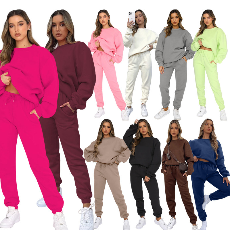 Women Tracksuits Two Pieces Set 2025 Autumn Winter Solid Color Crew Neck Pullover Long Pants Fashion Casual Long Sleeve Sweatshirt Set