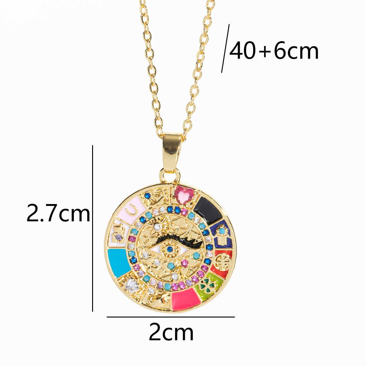 Designer Jewellery High Quality Gold Toned Round Evil Eye Pendant Necklace with Multicolor Gemstones for Daily Boho Chic Wear and Gifting Textured Uni