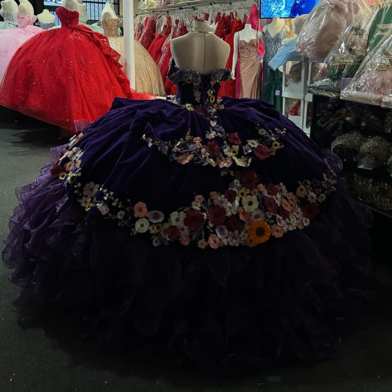 Purple Shiny Quinceanera Dresses Off The Shoulder Applique Lace Beads Tiered Tull Party Birthday Sweet 16 Dress Vestidos De 15 Anos