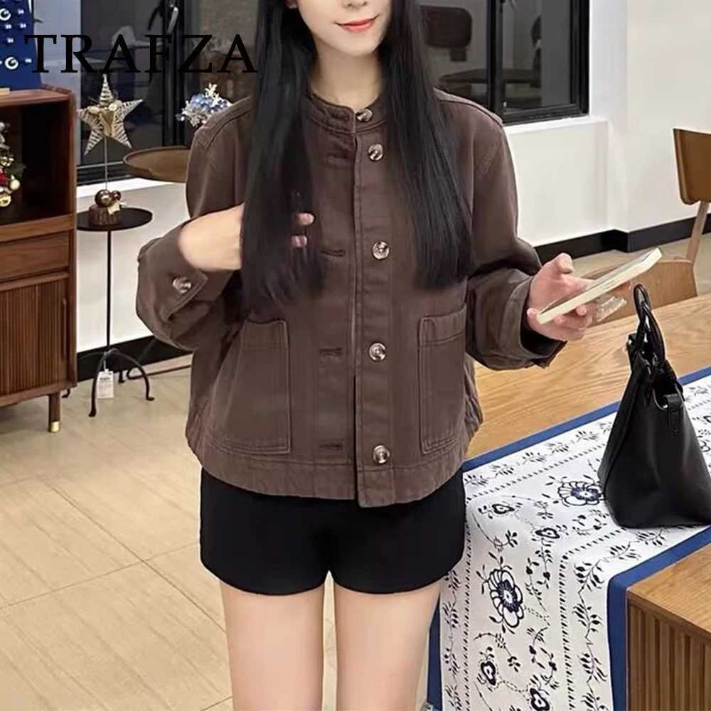 TRAFZA Chic Twill Weave Casual Club Women Outwears Single Breasted Fashion 2025 Autumn Streetwear Pockets Vintage Female Jackets Z250918
