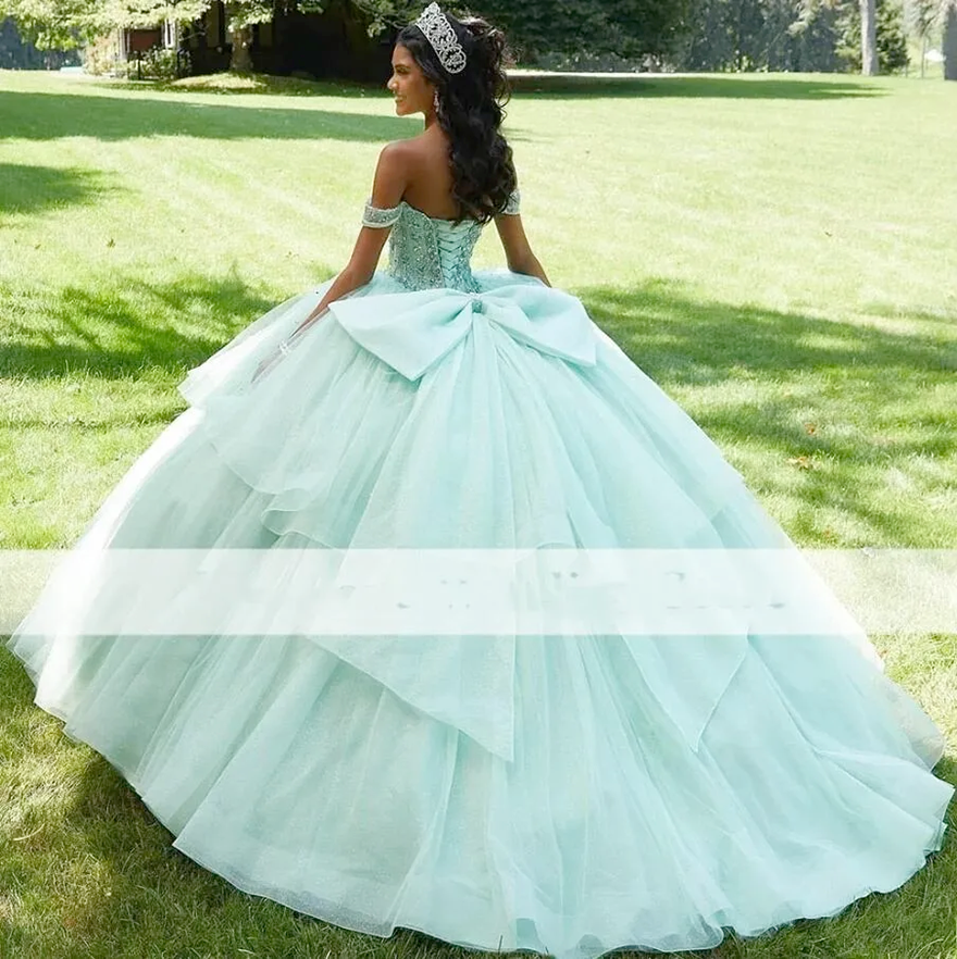 Elgant 2025 Mint Green Quinceanera Dresses Off The Shoulder Croset Back Sweet 16 Prom Gowns Pageant Dress Vestido XV Anos