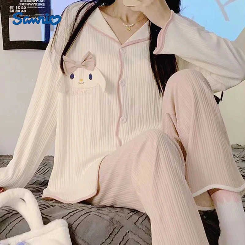 Sanrio Four Seasons Womens Pajamas Long Sleeves Long Pants Cute Sweet Princess Style Loose Cardigan Can Be Worn As Home Clothes L250919